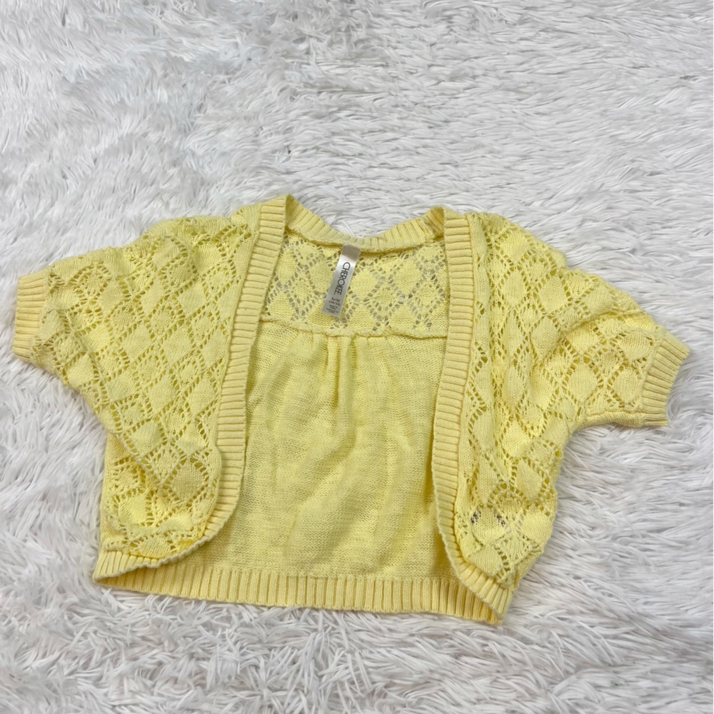 Cherokee girl’s short sleeve open knit cropped sweater cardigan in‎ yellow